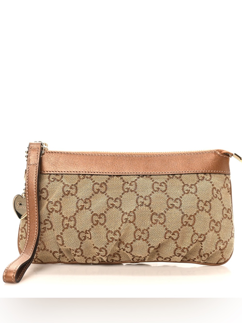 PRE LOVED Gucci Crystal GG Monogram Metallic Calfskin Hearts Wristlet in Bronze